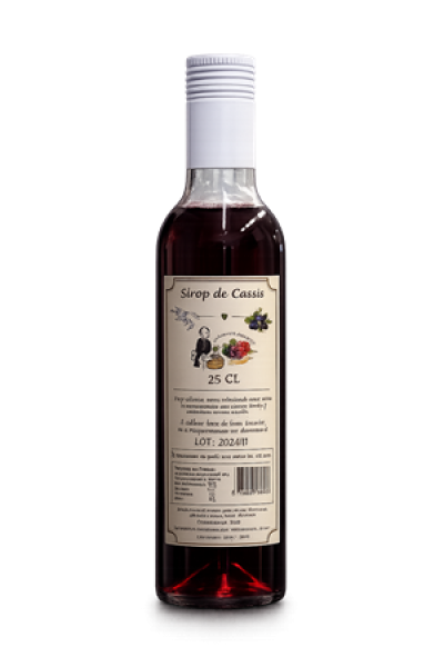 Flasche mit schwarzem Johannisbeer-Sirup auf hellem Hintergrund